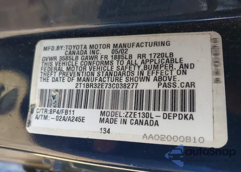 2003 Toyota Corolla Ce из США, поврежденный, VIN 2T1BR32E73C038277